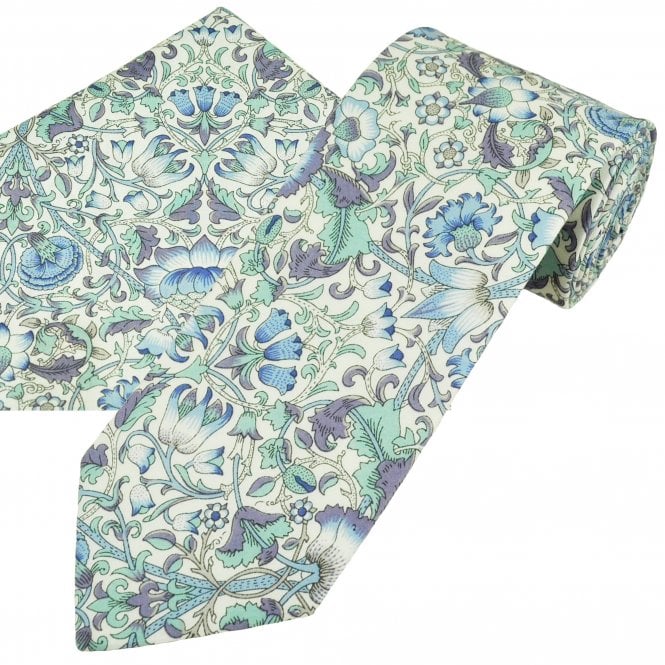 Van Buck Blue Lodden Flower Pattern Tie & Pocket Square Set - Made with Liberty Fabric