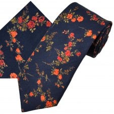 Van Buck Indigo Blue & Coral Flower Men's Tie & Pocket Square Set - Made with Liberty Fabric