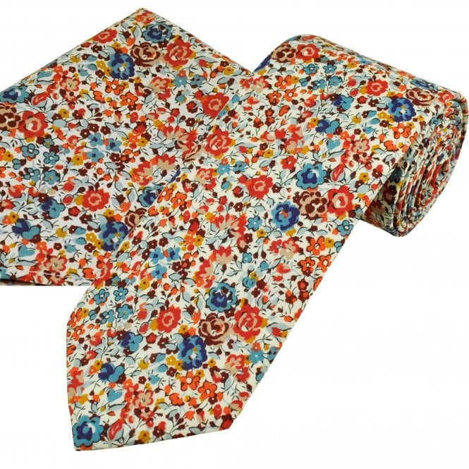 Van Buck Ivory, Red, Blue & Orange Flower Tie & Pocket Square Set - Made with Liberty Fabric 