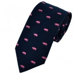Van Buck Navy Blue Silk Tie with Pink Pigs