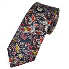 Van Buck Platinum Exclusive Limited Edition 10 - French Navy, Silver, Brown, Red, Orange & Yellow Paisley Patterned Silk Designer Tie