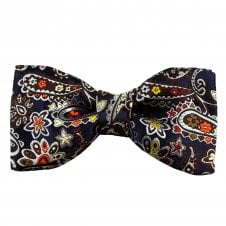 Van Buck Platinum French Navy, Silver, Yellow, Orange & Brown Patterned Silk Designer Bow Tie
