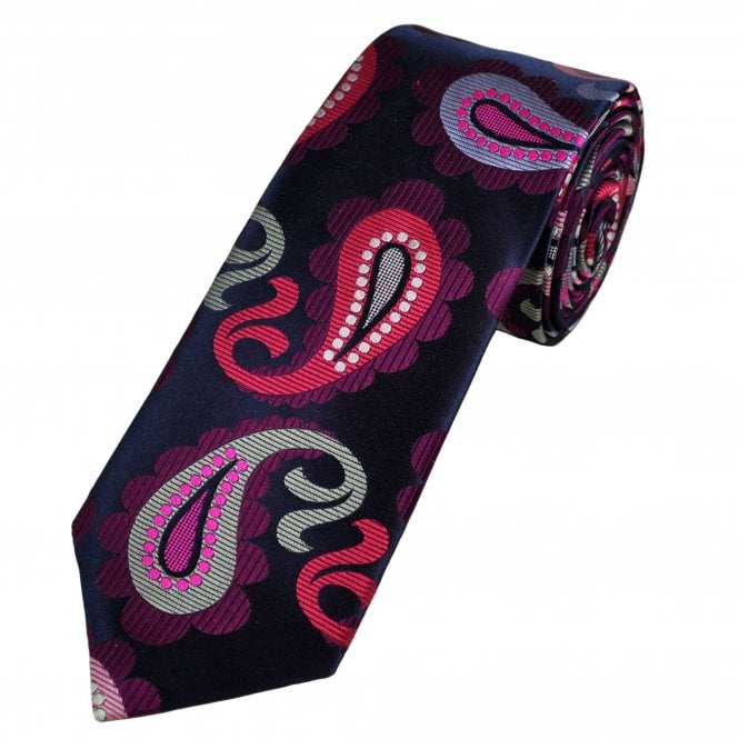 Van Buck Platinum Limited Edition Navy, Red, Pink, Plum, Grey & Lilac Paisley Patterned Silk Designer Tie