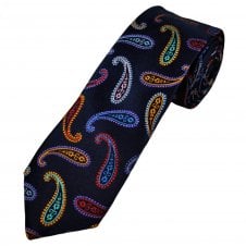 Van Buck Platinum Navy, Blue, Red, Orange & Green Paisley Patterned Silk Designer Tie