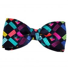 Van Buck Platinum Navy Blue With Colourful Square Patterned Silk Men's Designer Bow Tie - Limited Edition