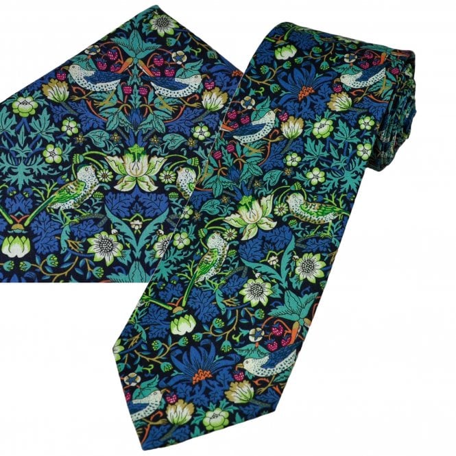 Van Buck Strawberry Thief Navy Blue Designer Tie & Pocket Square Set - Made with Liberty Fabric