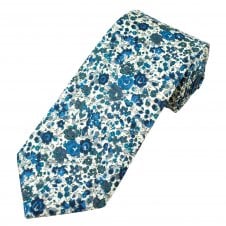 Van Buck White, Blue, Teal, Grey Floral Tie Made with Liberty Fabric