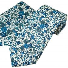 Van Buck White, Blue, Teal, Grey Floral Tie & Pocket Square Set - Made with Liberty Fabric