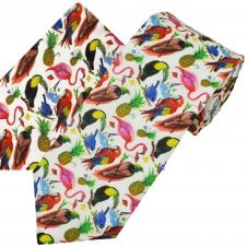 Van Buck White Parrots, Tropical Birds & Pineapple Pattern Men's Designer Tie & Pocket Square Set - Made with Liberty Fabric 