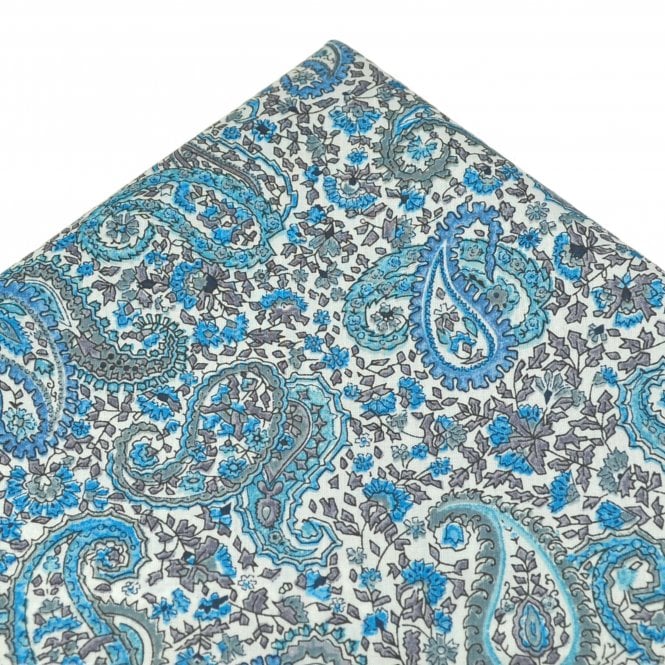 Van Buck White & Shades of Blue Paisley Patterned Designer Pocket Square Handkerchief Pocket Square - Made with Liberty Fabric