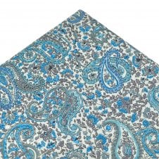 Van Buck White & Shades of Blue Paisley Patterned Designer Pocket Square Handkerchief Pocket Square - Made with Liberty Fabric