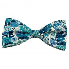 Van Buck White & Teal Flower Pattern Bow Tie Made with Liberty Fabric