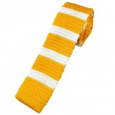White & Golden Yellow Horizontal Stripe Men's Skinny Knitted Tie