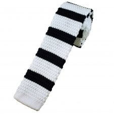 White & Navy Blue Horizontal Stripe Men's Skinny Knitted Tie