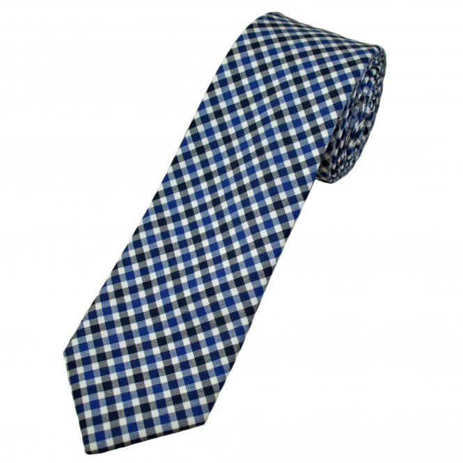 White, Navy & Royal Blue Gingham Check 100% Cotton Men's Tie