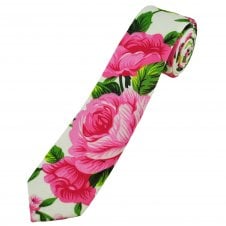 White, Pink & Green Roses Patterned Cotton Boys Tie