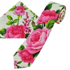 White, Pink & Green Roses Patterned Cotton Boys Tie & Pocket Square Handkerchief Set
