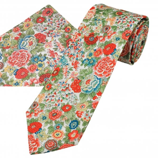 White, Red, Pink, Green, Blue & Beige Flower Patterned Men's Cotton Tie & Pocket Square Handkerchief Set Made With Liberty Fabric