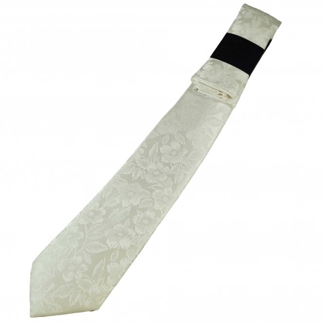 White Self Patterned Men's Tie & Pocket Square Handkerchief Set 