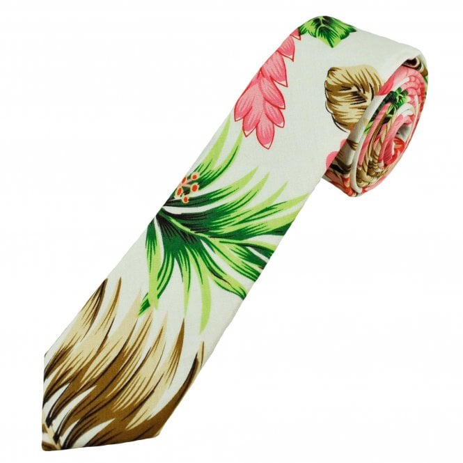 White With Pink Hibiscus Flower Patterned Cotton Boys Tie