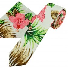 White With Pink Hibiscus Flower Patterned Cotton Boys Tie & Pocket Square Handkerchief Set