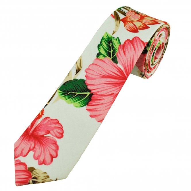 White With Pink Hibiscus Flower Patterned Cotton Men's Skinny Tie