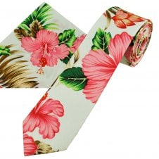 White With Pink Hibiscus Flower Patterned Cotton Men's Skinny Tie & Pocket Square Handkerchief Set