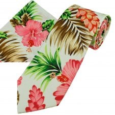 White With Pink Hibiscus Flower Patterned Cotton Men's Tie & Pocket Square Handkerchief Set