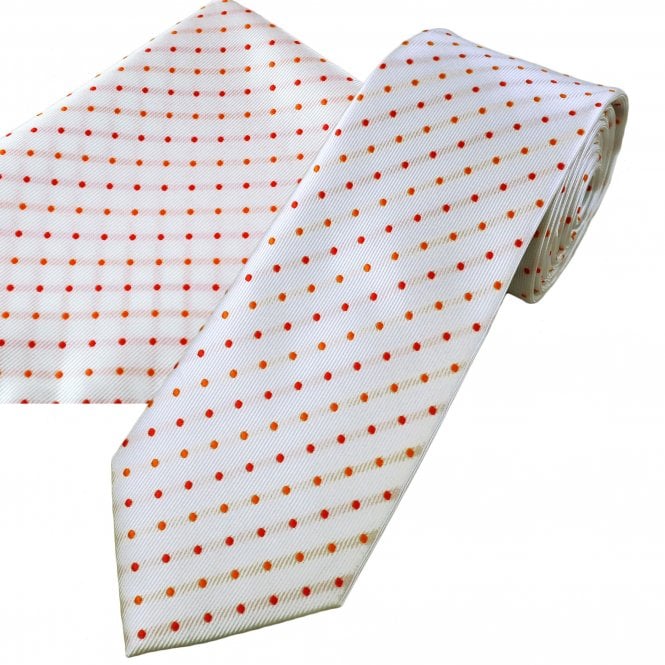White With Red & Orange Polka Dot Men's Tie & Pocket Square Handkerchief Set