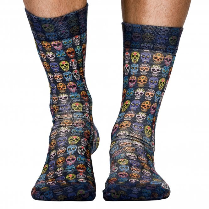 Wigglesteps Multi Coloured Skulls on Blue Organic Cotton Blend Socks