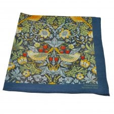 William Morris "Strawberry Thief" Blue Flower & Birds Silk/Cotton Blend Pocket Square Handkerchief