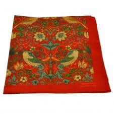 William Morris "Strawberry Thief" Red Flower & Birds Silk-Cotton Blend Pocket Square Handkerchief