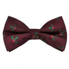Wine Red Holly & Berries Novelty Christmas Bow Tie