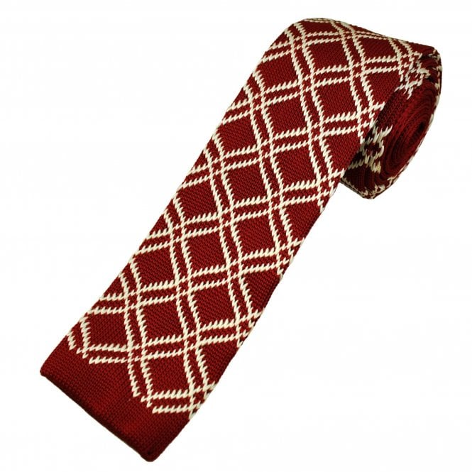 Wine Red & Ivory Diamond Checked Men's Knitted Tie