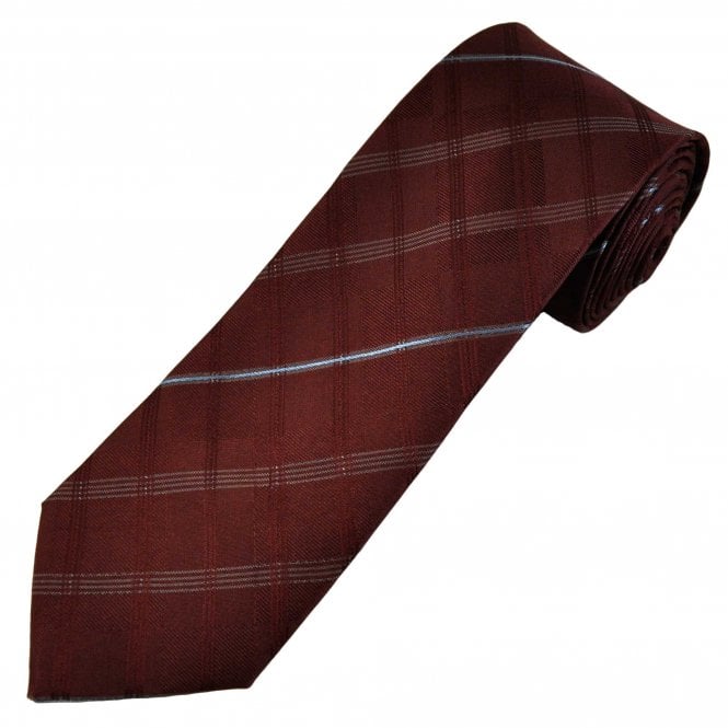 Wine Red, Light Blue & Grey Checked Men's Silk Tie