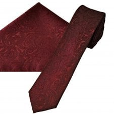 Wine Red Paisley Pattern Men's Skinny Tie & Pocket Square Handkerchief Set