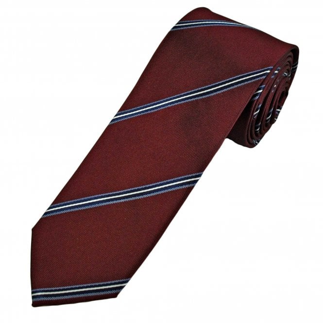 Wine Red, Sky Blue, Navy & White Stripe Men's Silk Narrow Tie