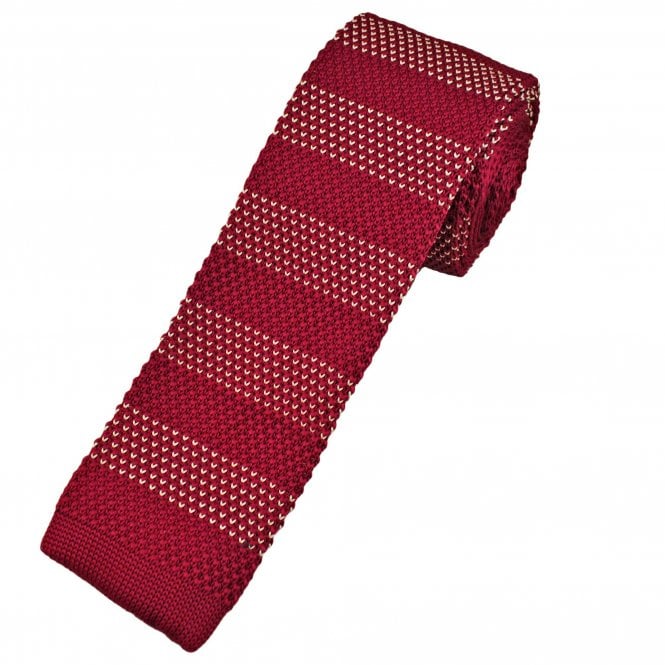 Wine Red & White V Pattern Horizontal Stripe Men's Knitted Tie
