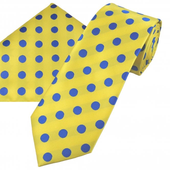 Yellow & Blue Polka Dot Men's Tie & Pocket Square Handkerchief Set
