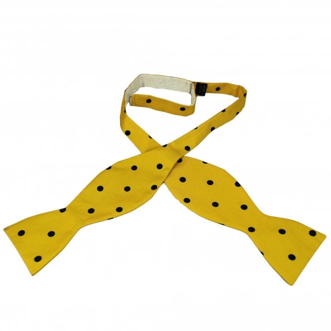Yellow & Navy Blue Polka Dot Men's Silk Self Tie Bow Tie