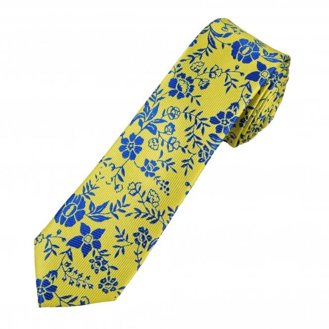 Yellow & Royal Blue Flower Patterned Boys Skinny Tie