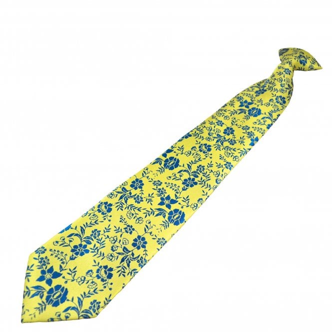 Yellow & Royal Blue Flower Patterned Men's Clip On Tie