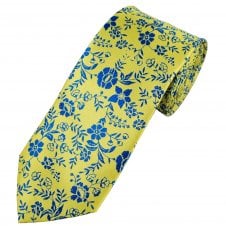 Yellow & Royal Blue Flower Patterned Men's Extra Long Tie