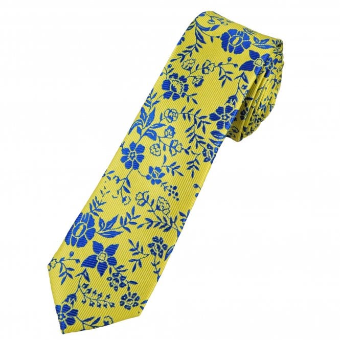 Yellow & Royal Blue Flower Patterned Men's Skinny Tie