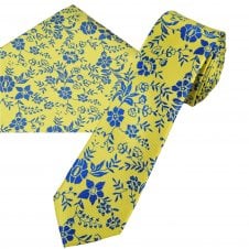 Yellow & Royal Blue Flower Patterned Men's Skinny Tie & Pocket Square Handkerchief Set