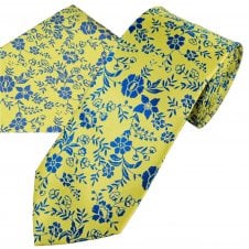 Yellow & Royal Blue Flower Patterned Men's Tie & Pocket Square Handkerchief Set