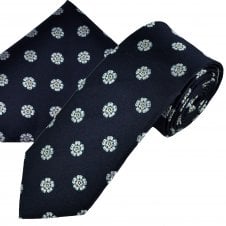Yorkshire Rose Navy Blue Luxury Silk Men's Tie & Pocket Square Handkerchief Set