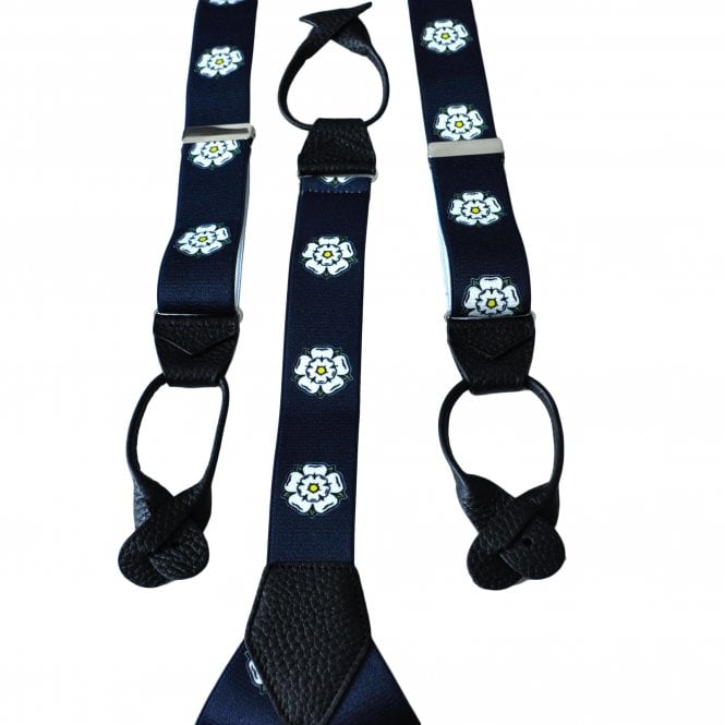 Yorkshire Rose Navy Blue Men's Luxury Trouser Braces with Black Leather Ends